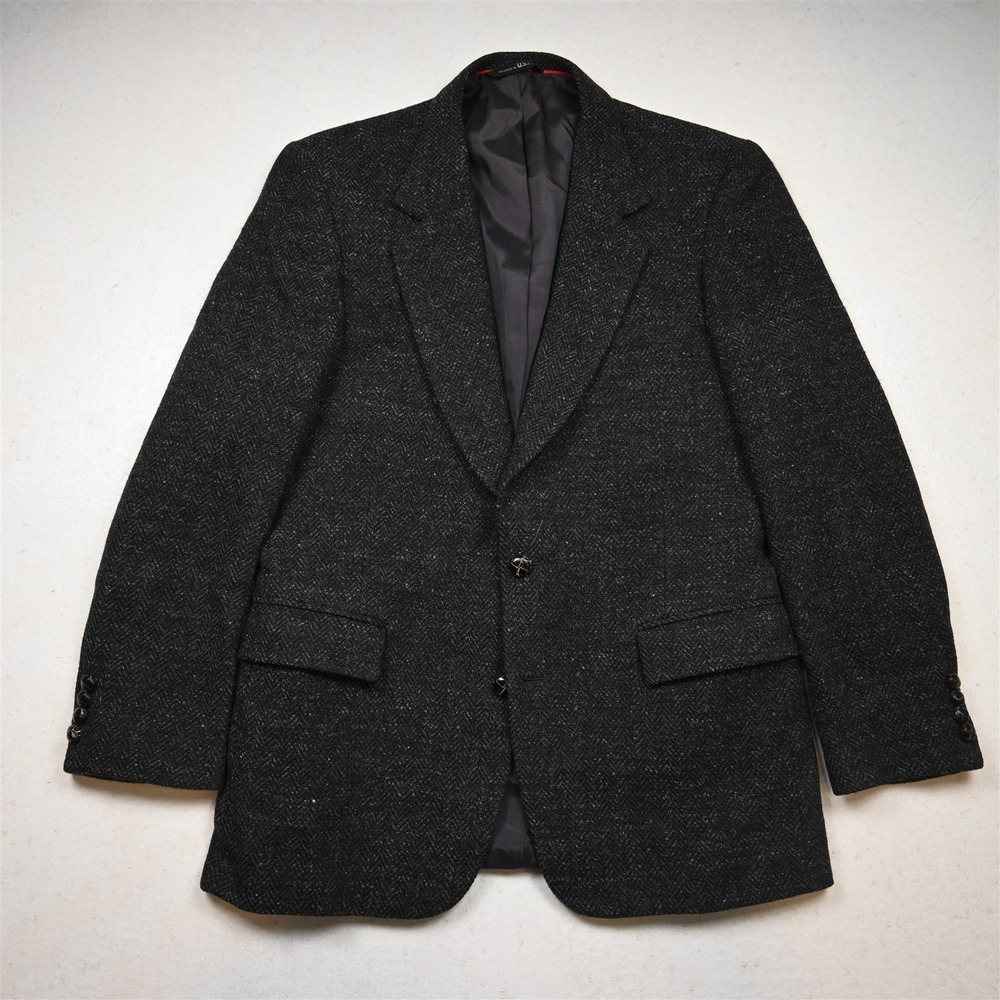 Vtg USA Made 44R Gray Herringbone Wool Tweed Mens Blazer Suit Jacket Sport Coat